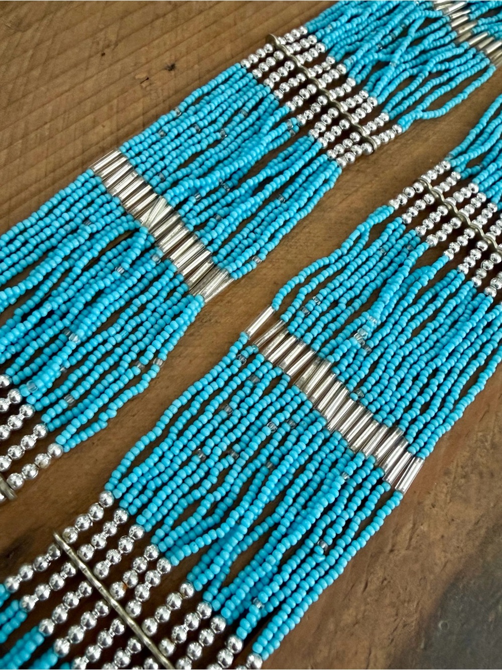 HIMALAYAN GEMS MULTI-STRAND TURQUOISE SEED BEAD WATERFALL NECKLACE INDIA